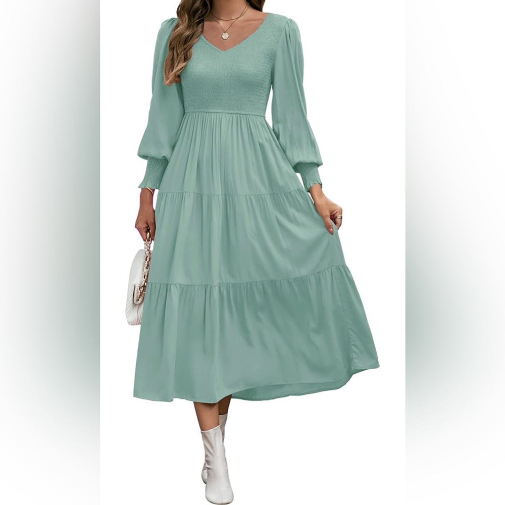 Sage Long Sleeve V Neck Smocked Flowy Tiered Dress -worn once